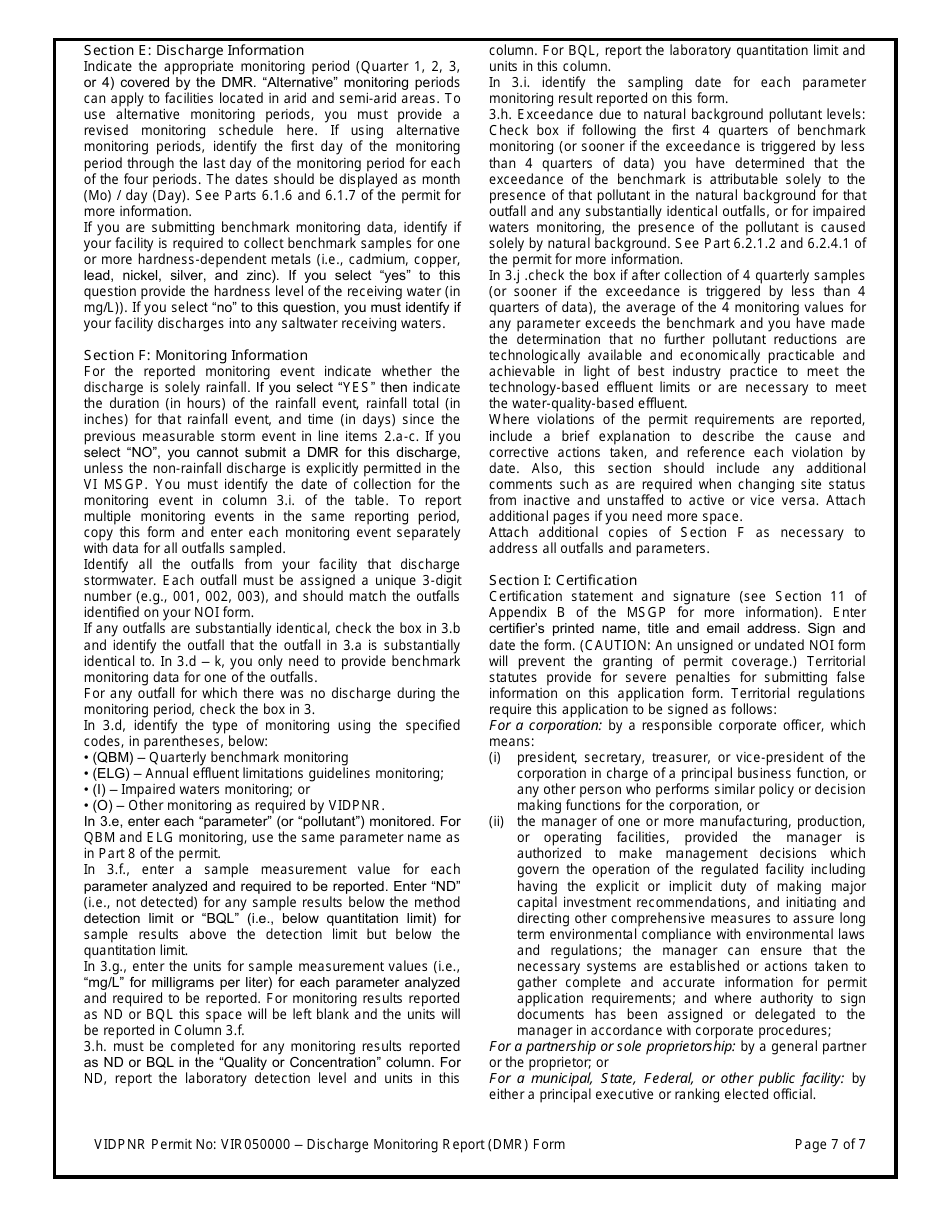 Discharge Monitoring Report (Dmr) Form for For Stormwater Discharges Associated With Industrial Activity Under the 2017 Tpdes Multi-Sector General Permit (VI Msgp) No. Vir050000 - Virgin Islands, Page 7