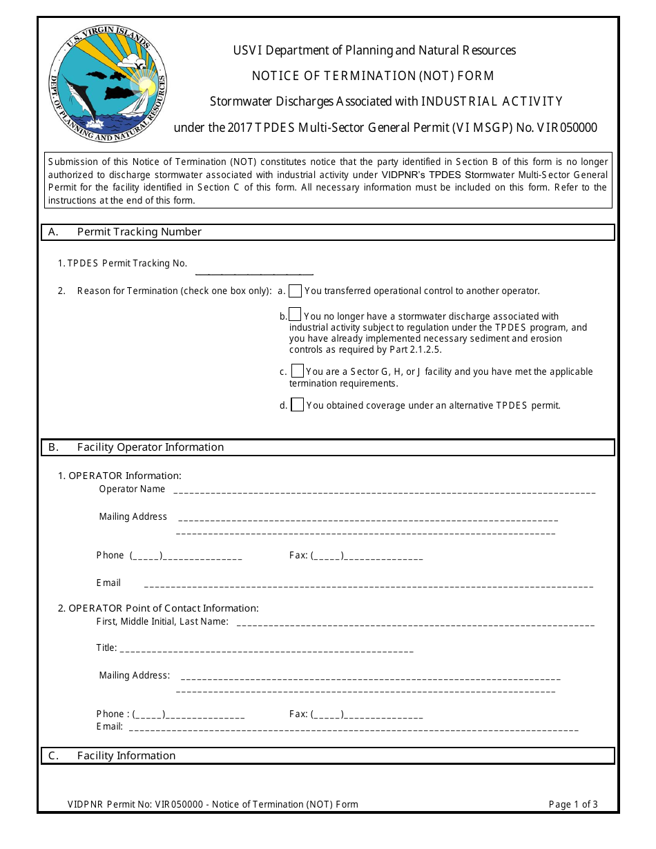 Notice of Termination (Not) Form - Virgin Islands, Page 1