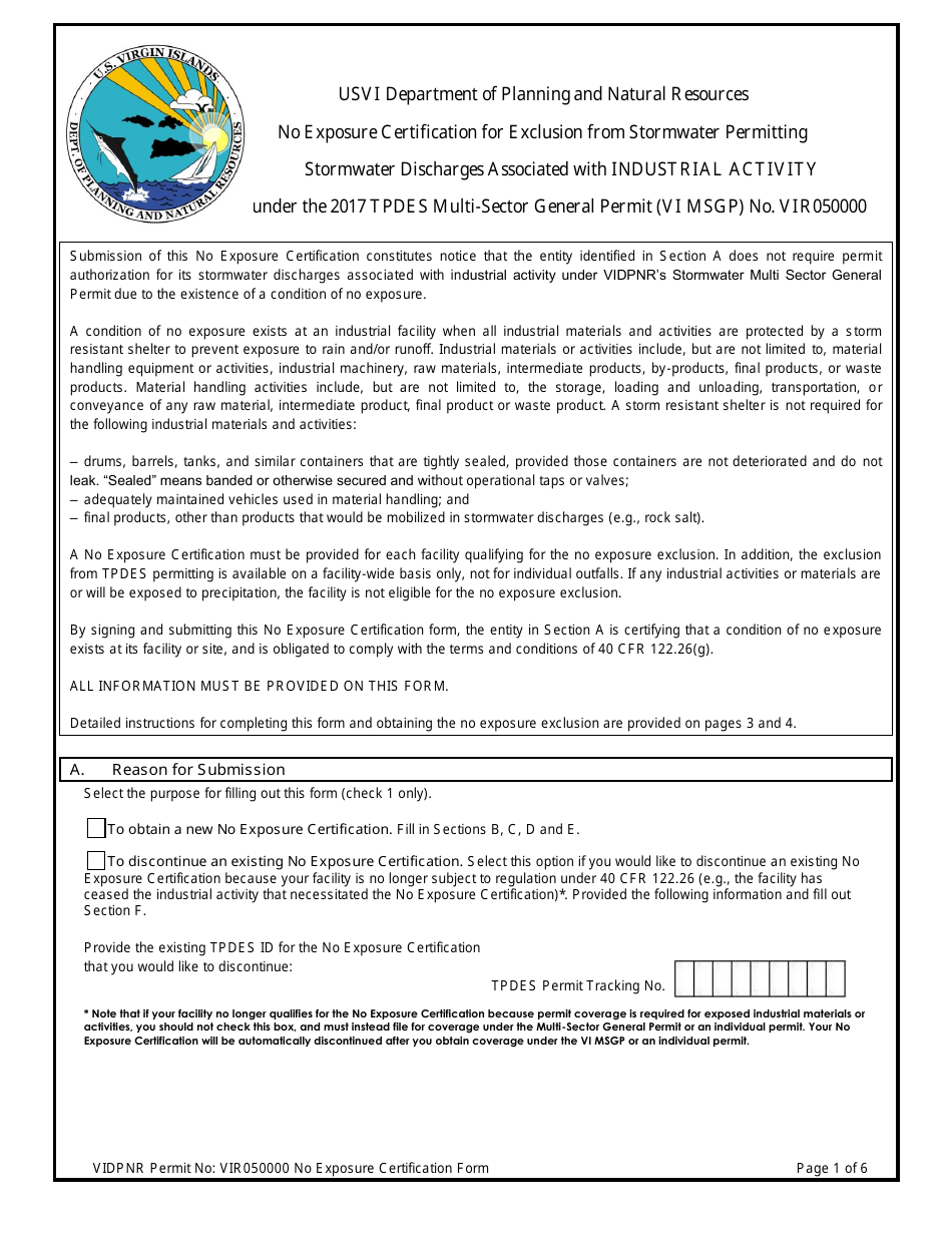 No Exposure Certification for Exclusion From Stormwater Permitting for Stormwater Discharges Associated With Industrial Activity Under the 2017 Tpdes Multi-Sector General Permit (VI Msgp) No. Vir050000 - Virgin Islands, Page 1