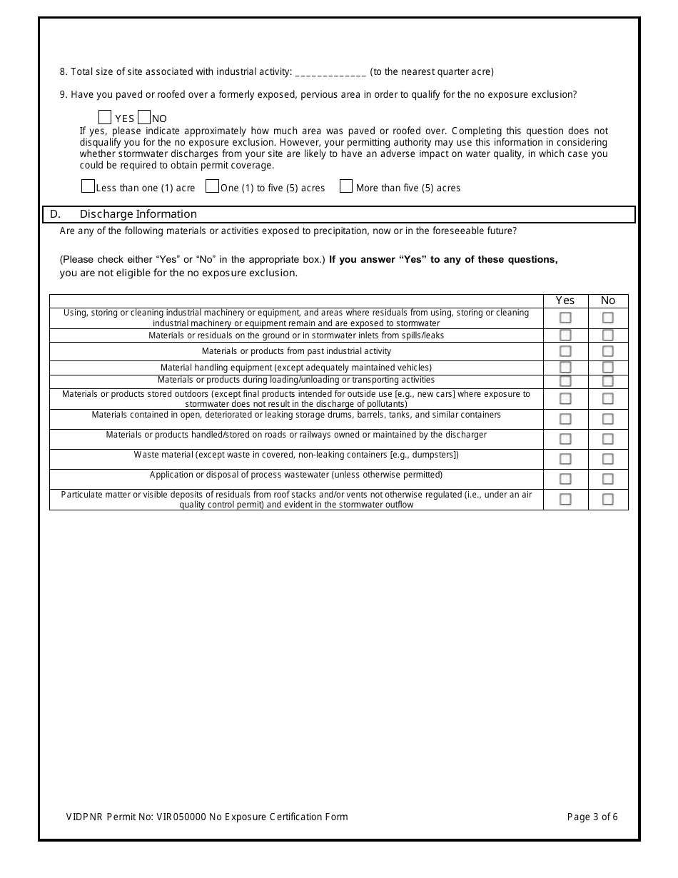 No Exposure Certification for Exclusion From Stormwater Permitting for Stormwater Discharges Associated With Industrial Activity Under the 2017 Tpdes Multi-Sector General Permit (VI Msgp) No. Vir050000 - Virgin Islands, Page 3