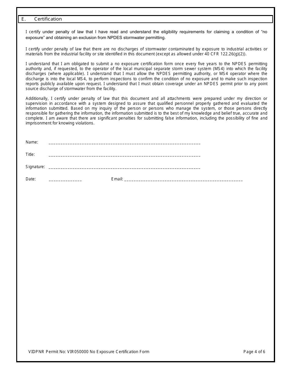 No Exposure Certification for Exclusion From Stormwater Permitting for Stormwater Discharges Associated With Industrial Activity Under the 2017 Tpdes Multi-Sector General Permit (VI Msgp) No. Vir050000 - Virgin Islands, Page 4