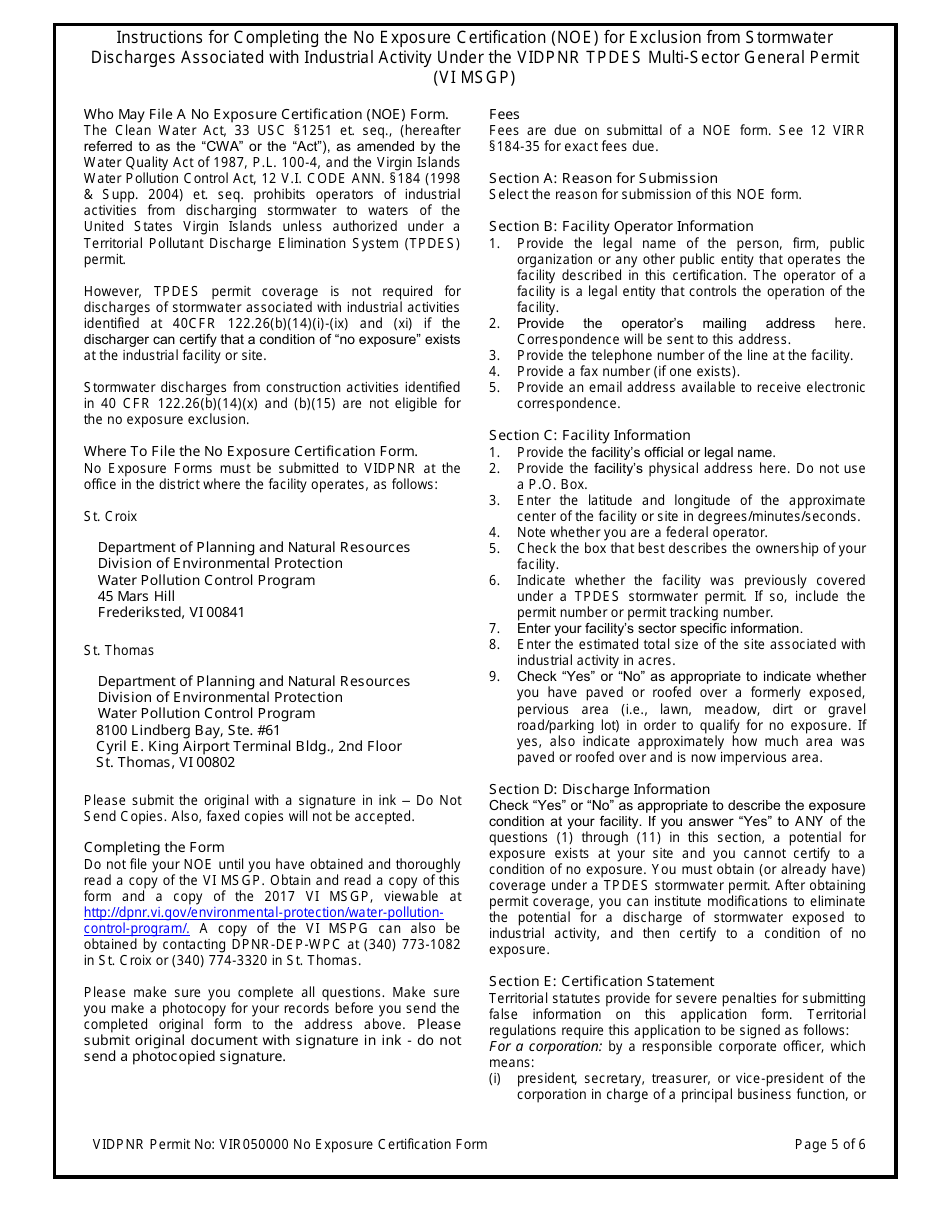 No Exposure Certification for Exclusion From Stormwater Permitting for Stormwater Discharges Associated With Industrial Activity Under the 2017 Tpdes Multi-Sector General Permit (VI Msgp) No. Vir050000 - Virgin Islands, Page 5