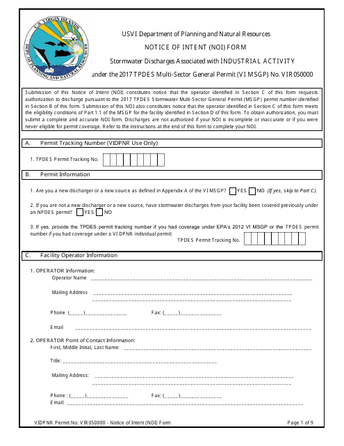 Multi-Sector General Permit (Vir0500000) Notice of Intent (Noi) Form - Virgin Islands Download Pdf
