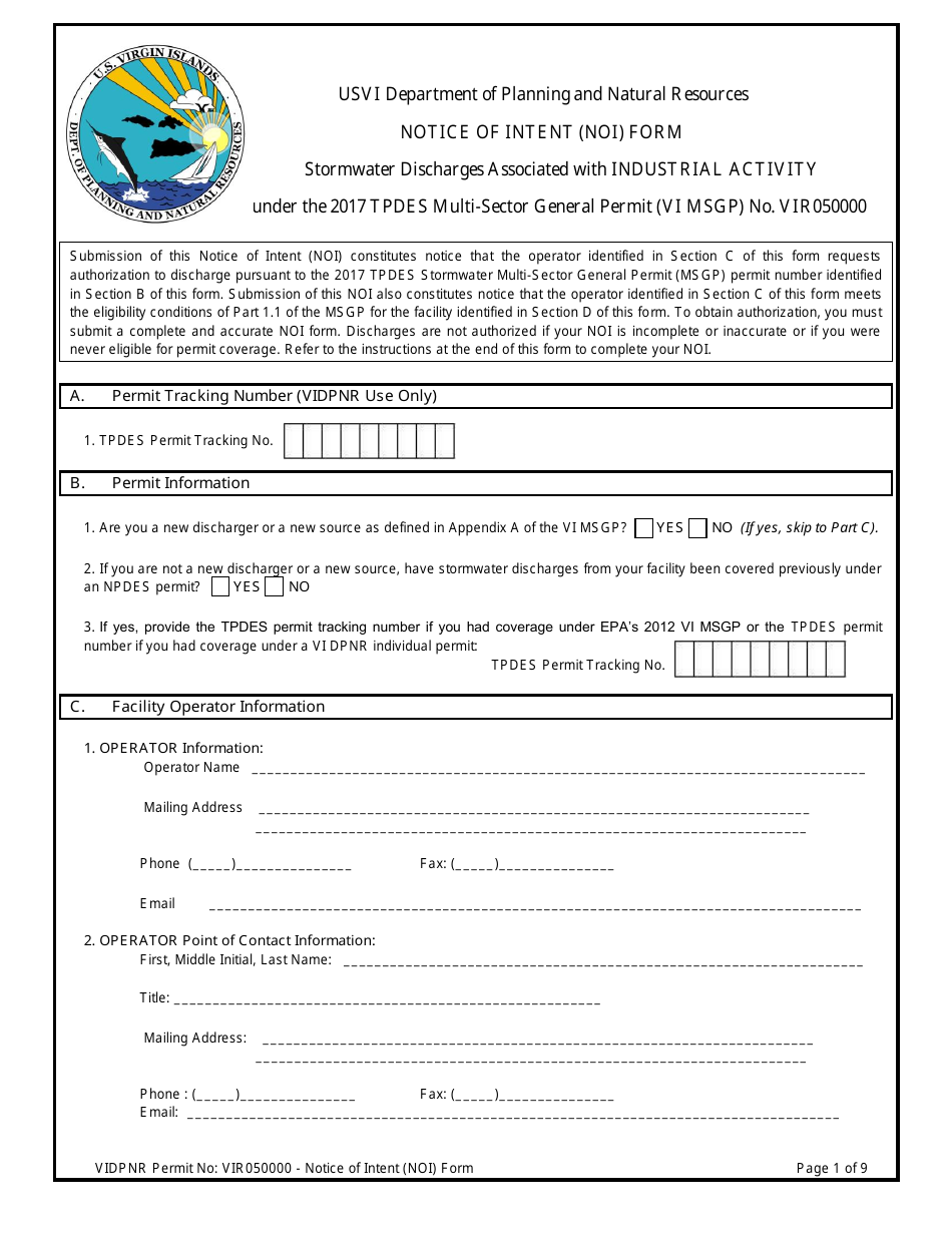 Multi-Sector General Permit (Vir0500000) Notice of Intent (Noi) Form - Virgin Islands, Page 1