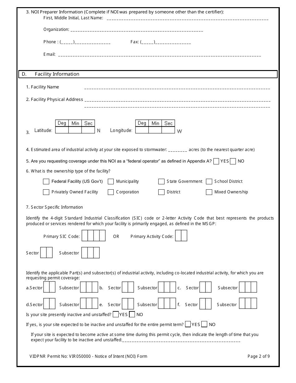 Multi-Sector General Permit (Vir0500000) Notice of Intent (Noi) Form - Virgin Islands, Page 2