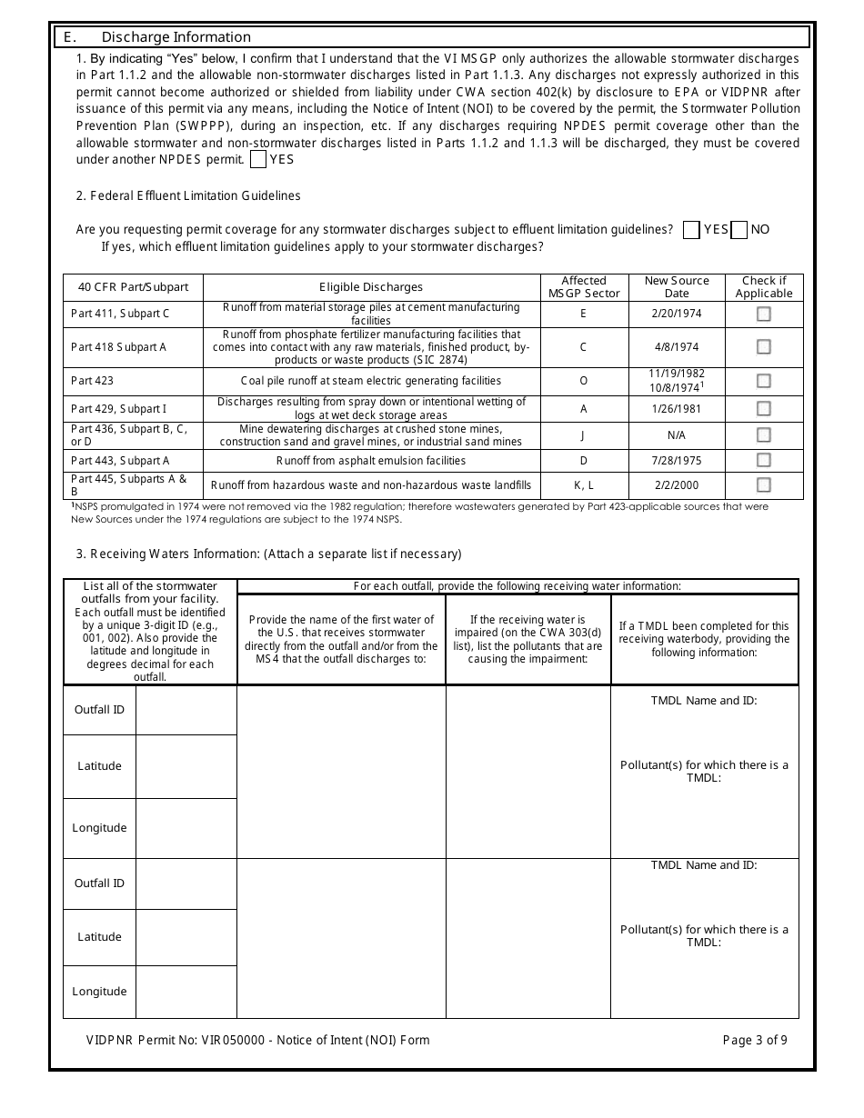 Multi-Sector General Permit (Vir0500000) Notice of Intent (Noi) Form - Virgin Islands, Page 3