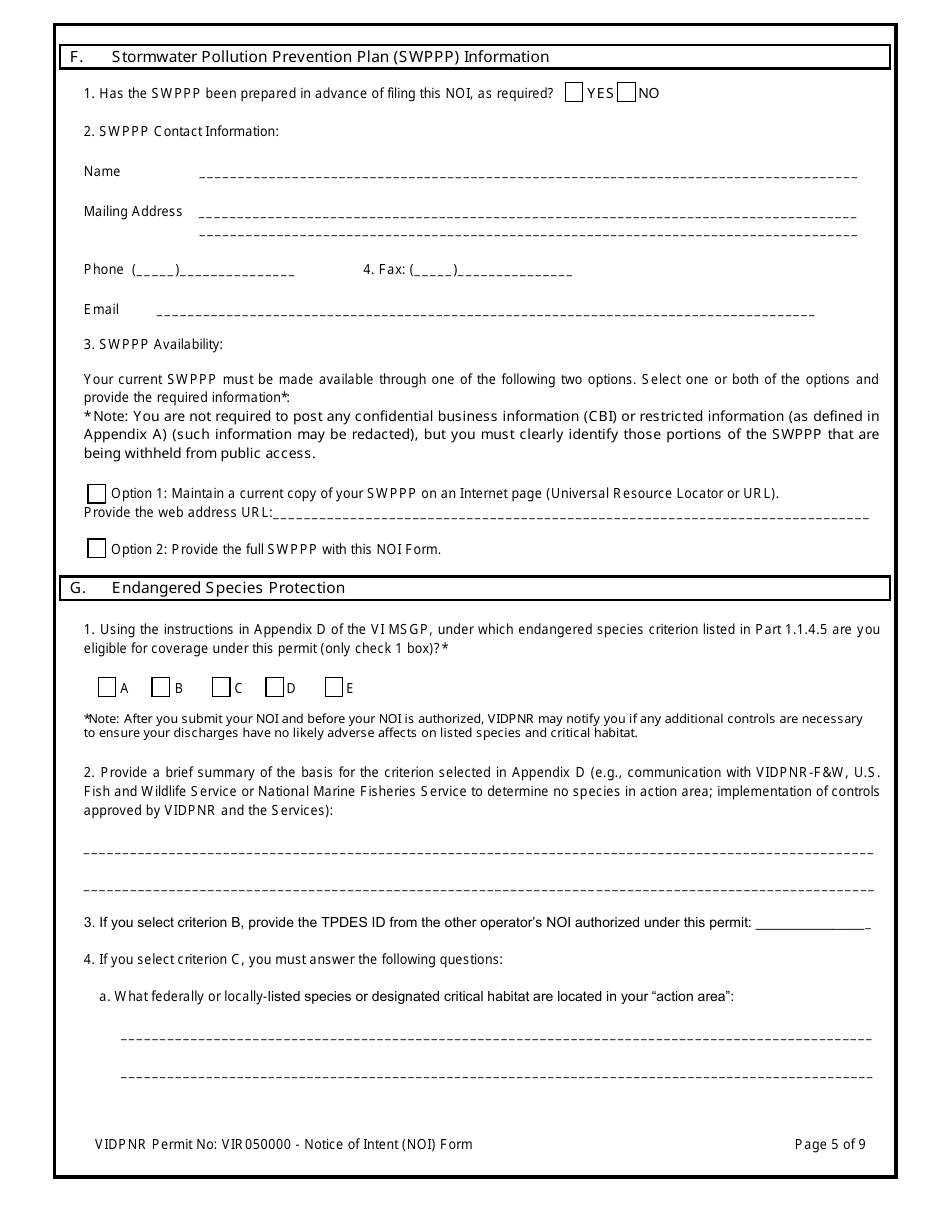 Multi-Sector General Permit (Vir0500000) Notice of Intent (Noi) Form - Virgin Islands, Page 5