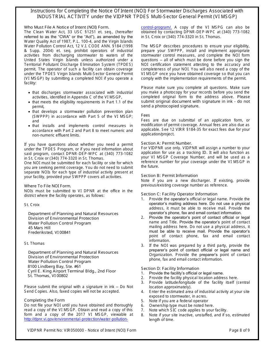 Multi-Sector General Permit (Vir0500000) Notice of Intent (Noi) Form - Virgin Islands, Page 8