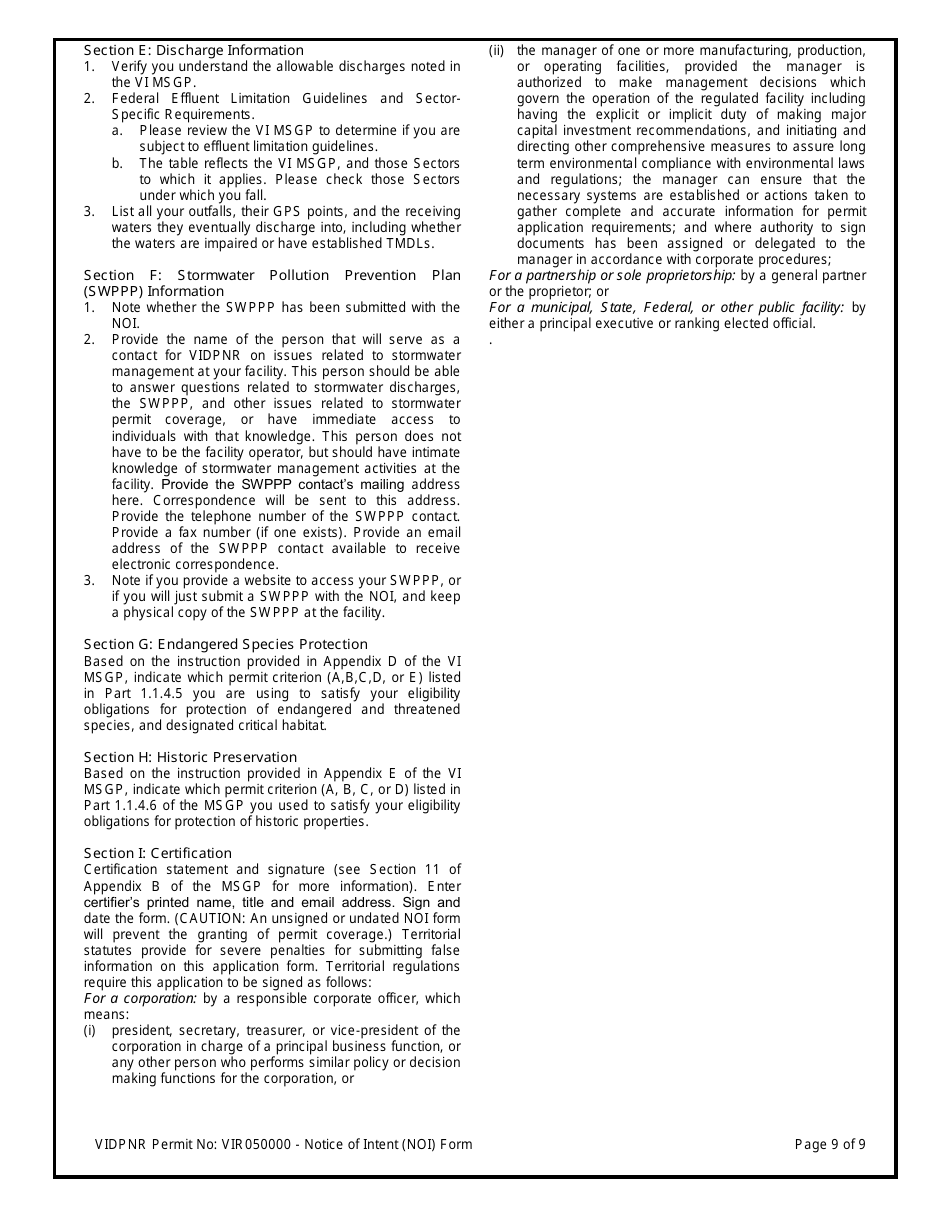 Multi-Sector General Permit (Vir0500000) Notice of Intent (Noi) Form - Virgin Islands, Page 9