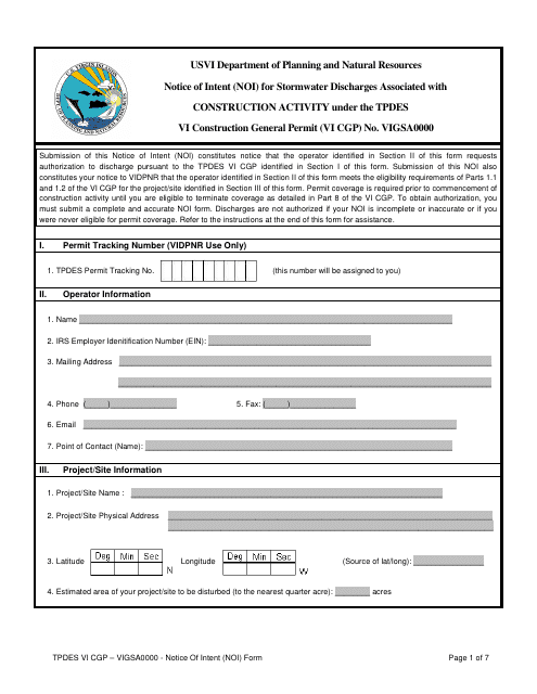 Notice of Intent (Noi) for Stormwater Discharges Associated With Construction Activity Under the Tpdes VI Construction General Permit (VI Cgp) No. Vigsa0000 - Virgin Islands Download Pdf