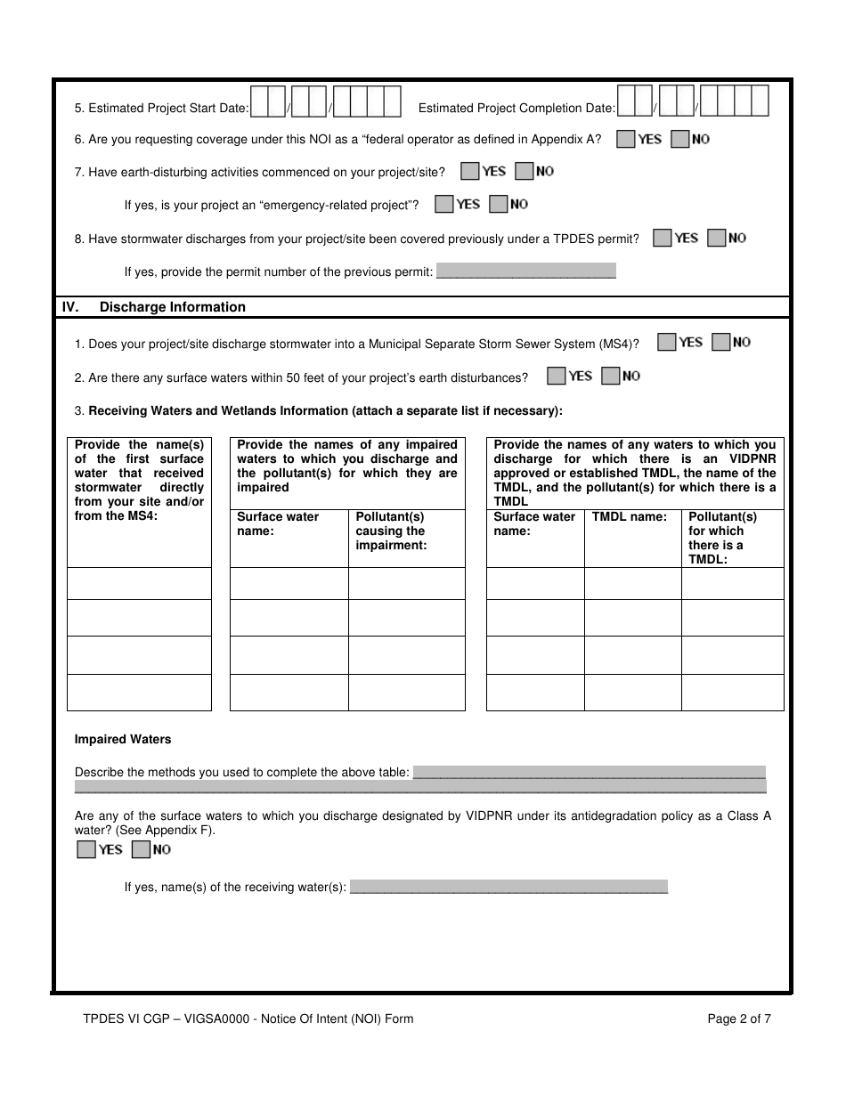 Notice of Intent (Noi) for Stormwater Discharges Associated With Construction Activity Under the Tpdes VI Construction General Permit (VI Cgp) No. Vigsa0000 - Virgin Islands, Page 2