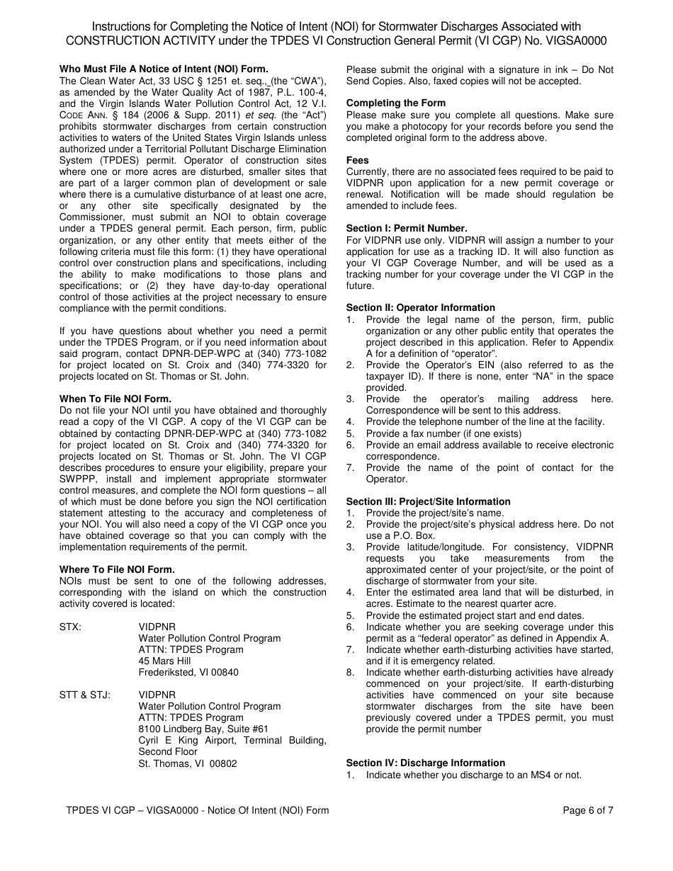 Notice of Intent (Noi) for Stormwater Discharges Associated With Construction Activity Under the Tpdes VI Construction General Permit (VI Cgp) No. Vigsa0000 - Virgin Islands, Page 6