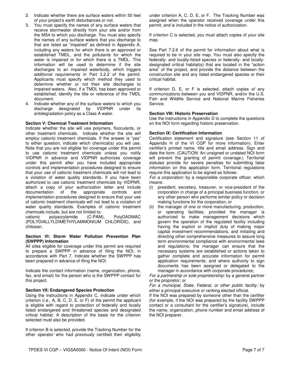 Notice of Intent (Noi) for Stormwater Discharges Associated With Construction Activity Under the Tpdes VI Construction General Permit (VI Cgp) No. Vigsa0000 - Virgin Islands, Page 7