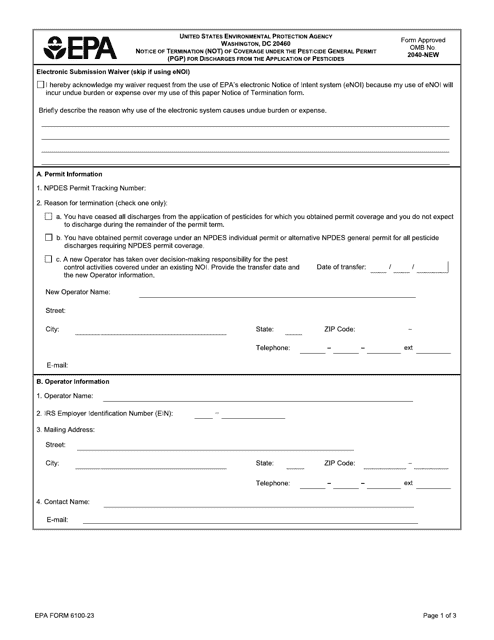 EPA Form 6100-23 Notice of Termination (Not) of Coverage Under the Pesticide General Permit (Pgp) for Discharges From the Application of Pesticides - Virgin Islands