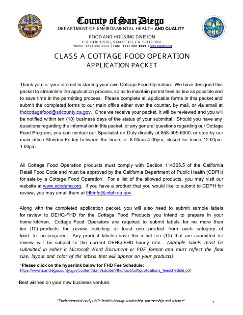 Class a Cottage Food Operation Application - County of San Diego, California