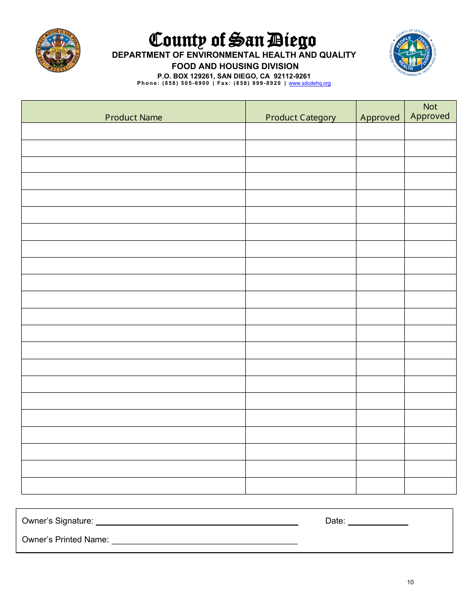 Class a Cottage Food Operation Application - County of San Diego, California, Page 10