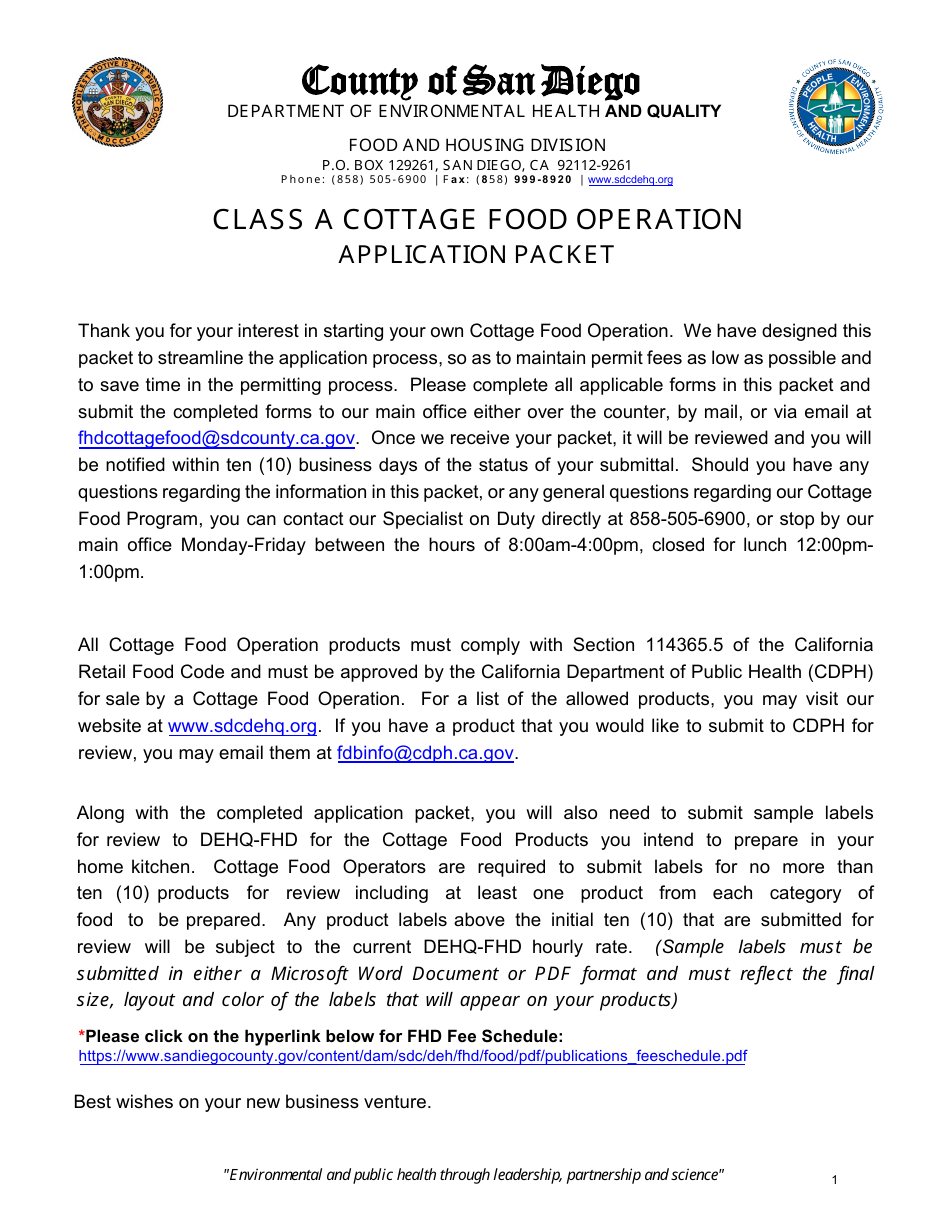 Class a Cottage Food Operation Application - County of San Diego, California, Page 1