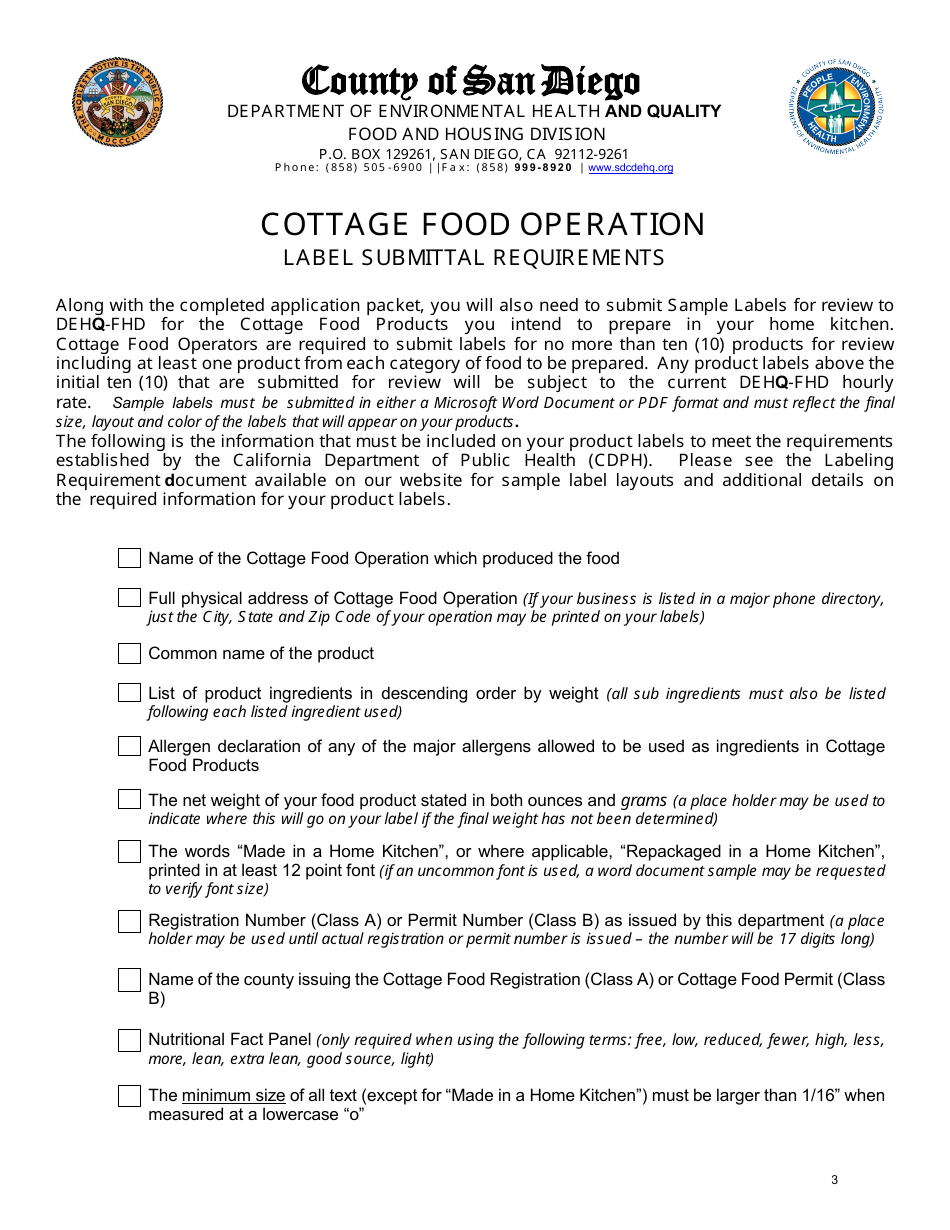 Class a Cottage Food Operation Application - County of San Diego, California, Page 3