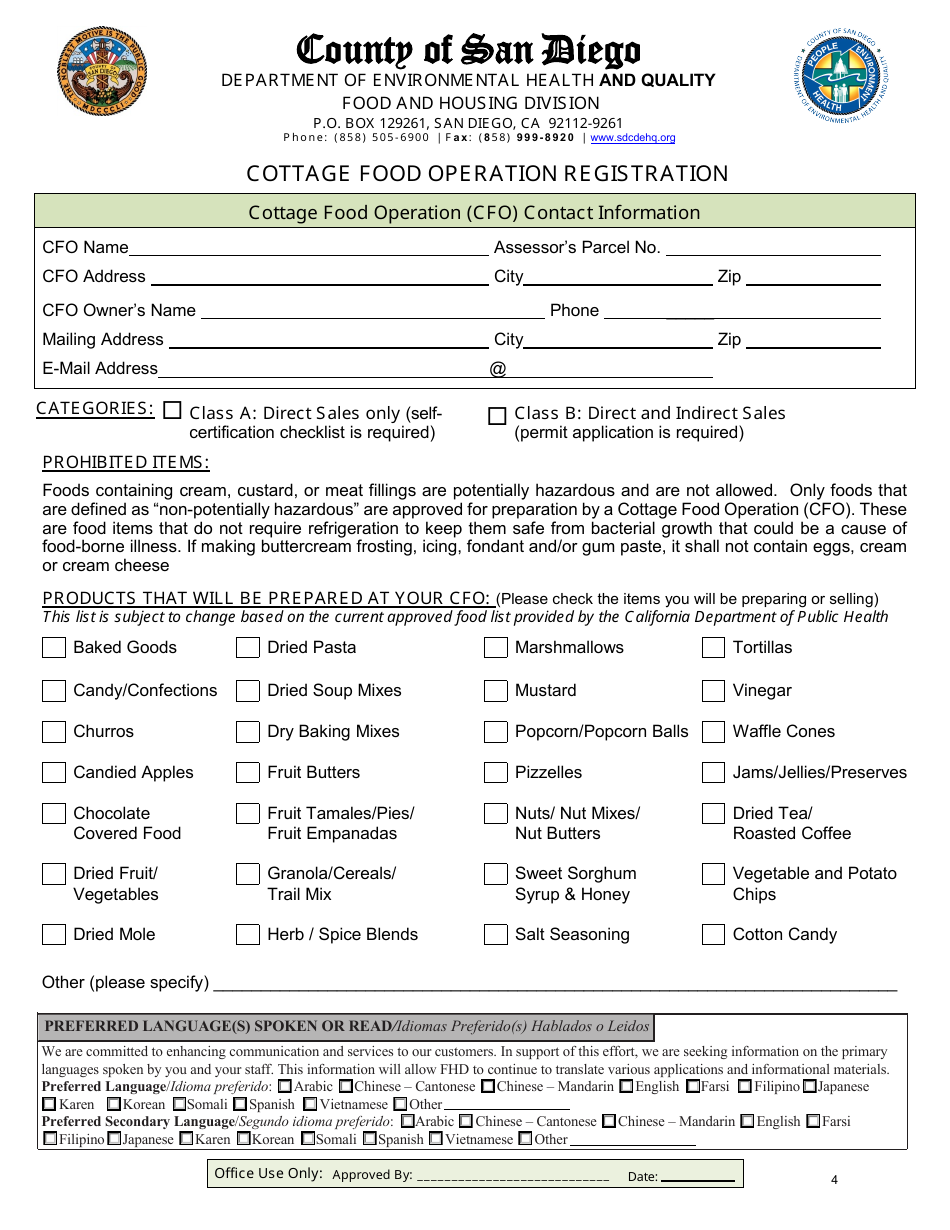Class a Cottage Food Operation Application - County of San Diego, California, Page 4