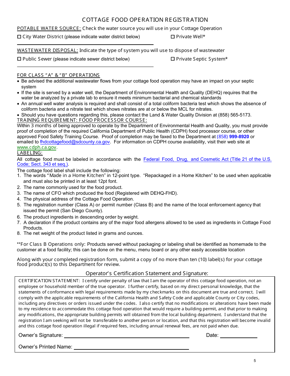 Class a Cottage Food Operation Application - County of San Diego, California, Page 5