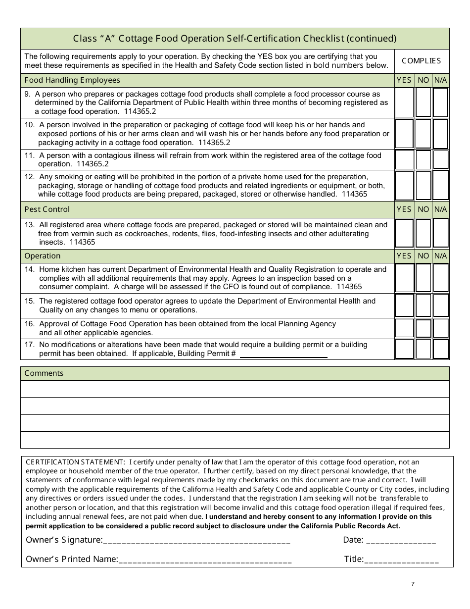 Class a Cottage Food Operation Application - County of San Diego, California, Page 7