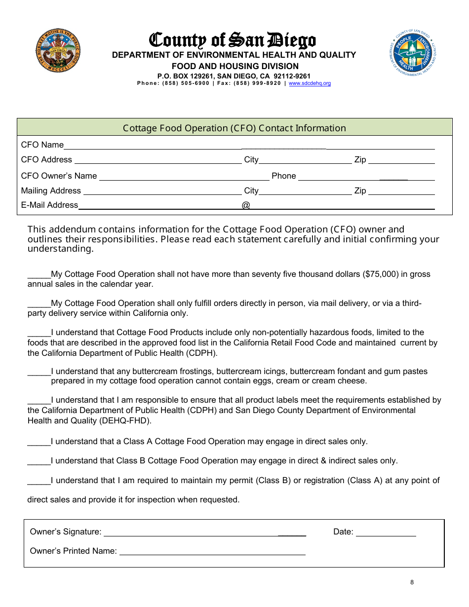 Class a Cottage Food Operation Application - County of San Diego, California, Page 8