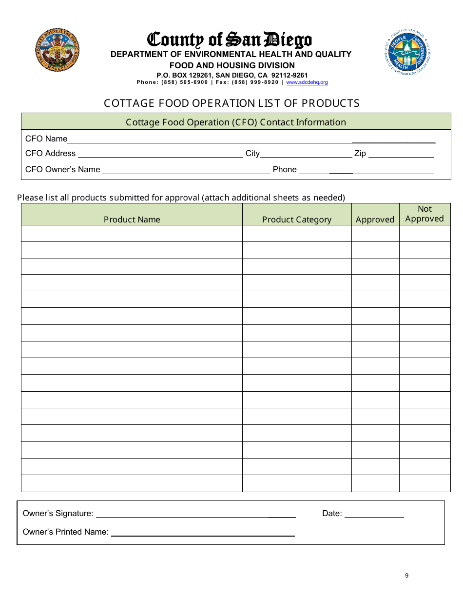 Class a Cottage Food Operation Application - County of San Diego, California, Page 9