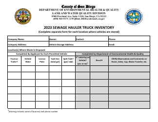 Document preview: Sewage Hauler Truck Inventory - County of San Diego, California, 2023