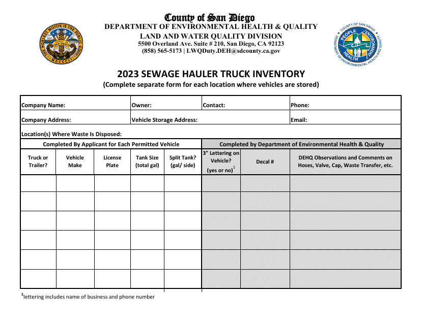 Sewage Hauler Truck Inventory - County of San Diego, California Download Pdf