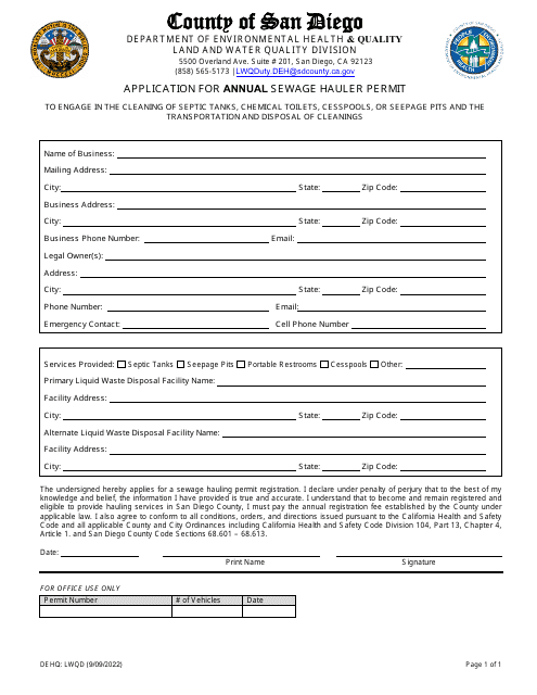 Application for Annual Sewage Hauler Permit - County of San Diego, California Download Pdf
