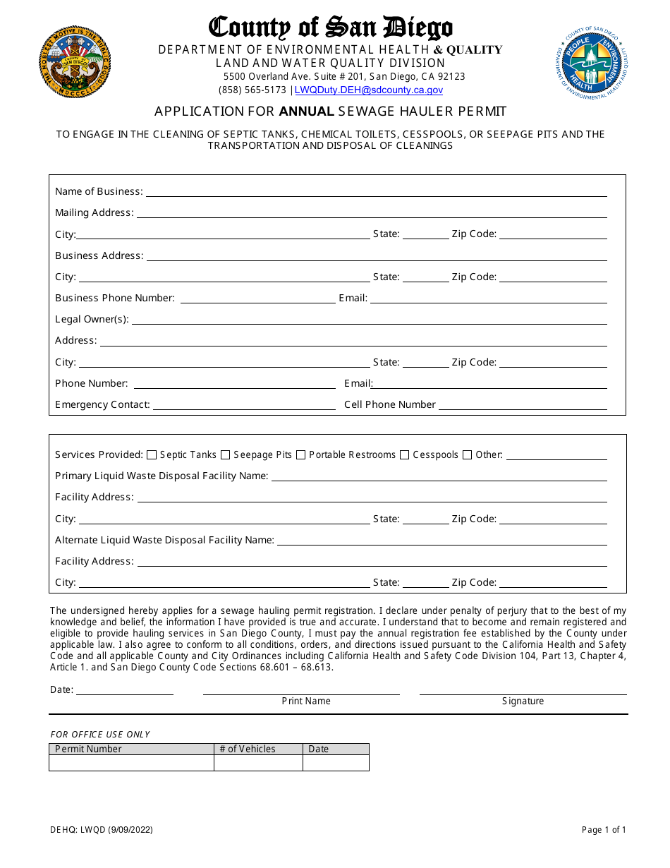 County of San Diego, California Application for Annual Sewage Hauler