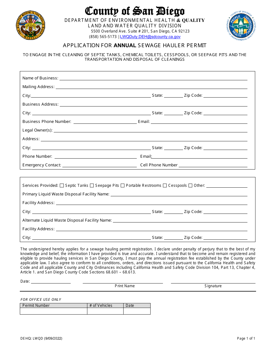 Application for Annual Sewage Hauler Permit - County of San Diego, California, Page 1