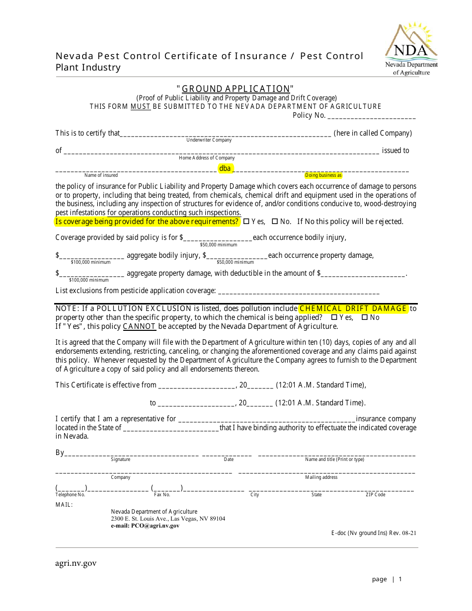Nevada Pest Control Certificate of Insurance / Pest Control - Ground Application - Nevada, Page 1