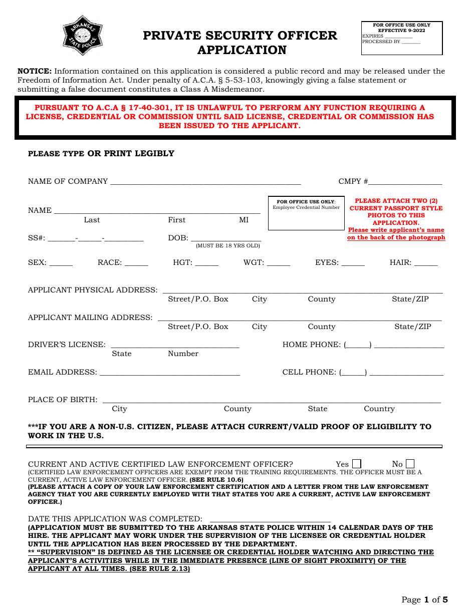 Private Security Officer Application - Arkansas, Page 1