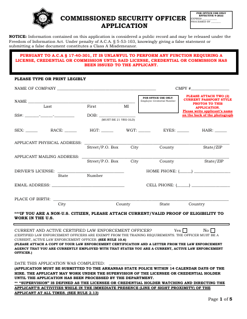 Commissioned Security Officer Application - Arkansas Download Pdf
