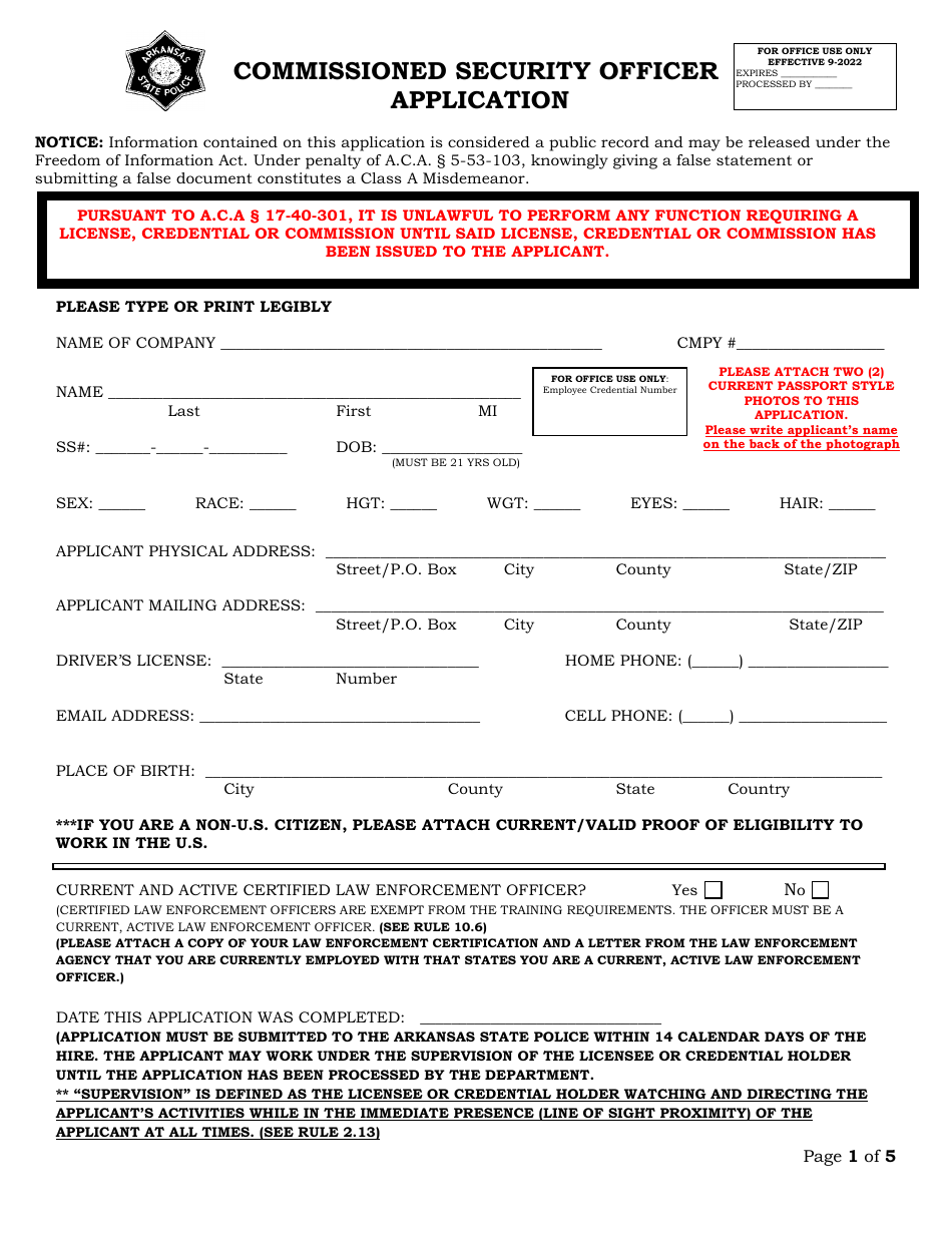 Commissioned Security Officer Application - Arkansas, Page 1