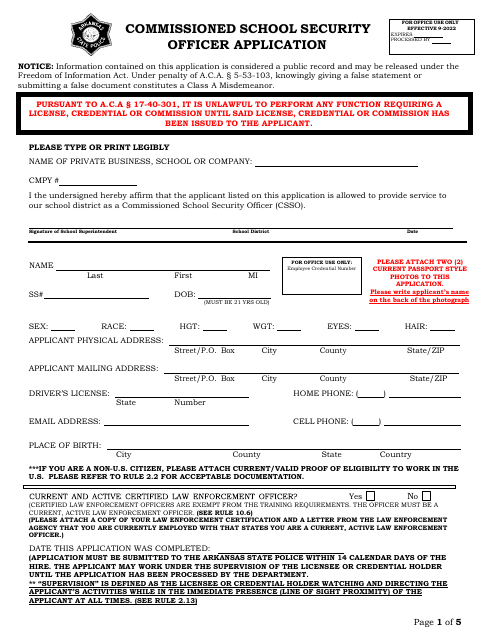 Commissioned School Security Officer Application - Arkansas Download Pdf