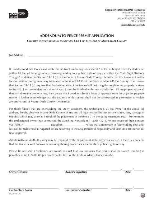 Form 123_01-198 Addendum to Fence Permit Application - Miami-Dade County, Florida