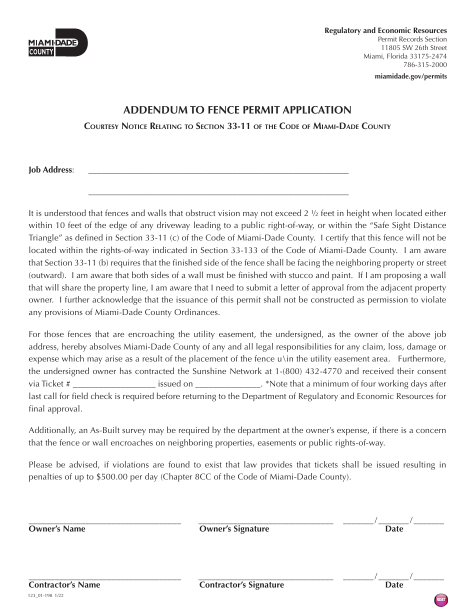 Form 123_01-198 Addendum to Fence Permit Application - Miami-Dade County, Florida, Page 1