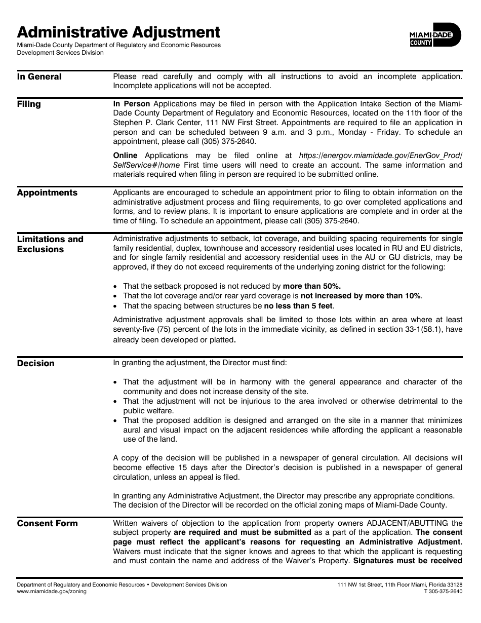 Administrative Adjustment Application - Miami-Dade County, Florida, Page 1