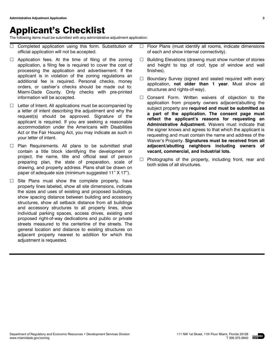 Miami Dade County Florida Administrative Adjustment Application Fill for Aar Da Form 4949