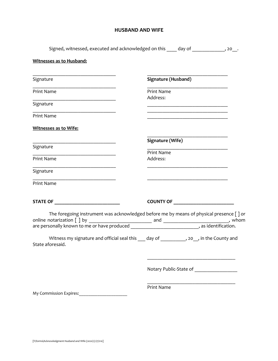 MiamiDade County, Florida Acknowledgement of Husband & Wife Fill Out