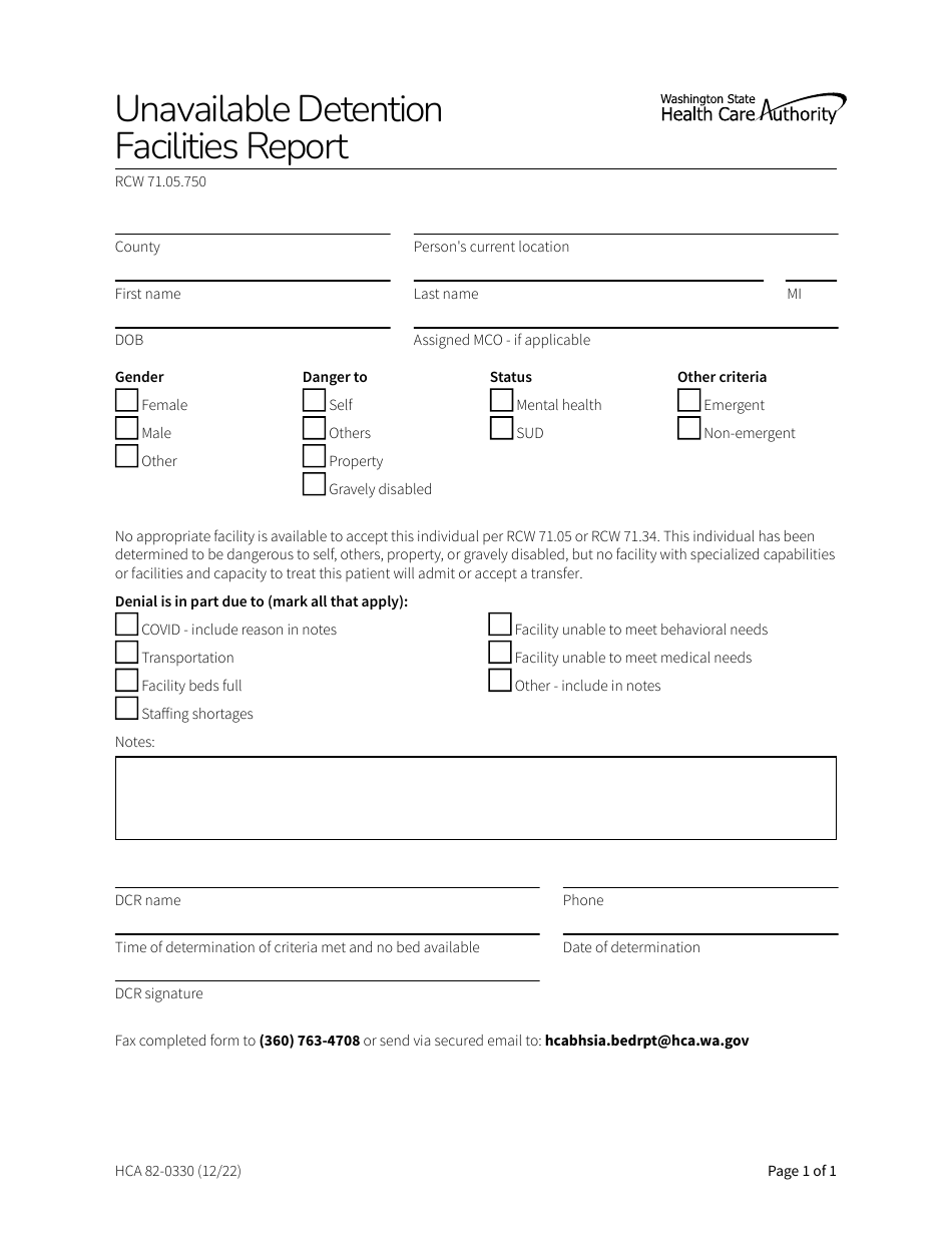 Form HCA82-0330 Unavailable Detention Facilities Report - Washington, Page 1