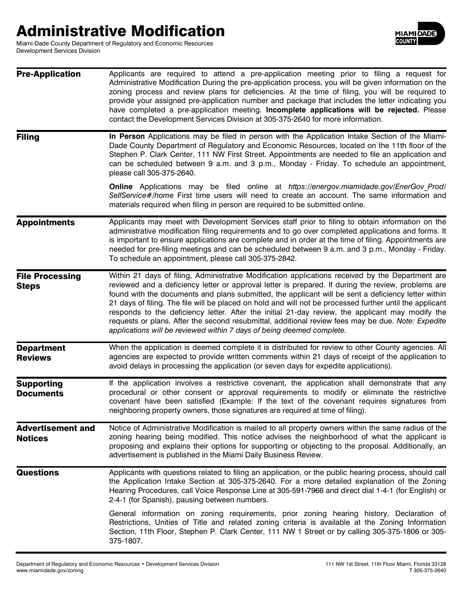 Administrative Modification Application - Miami-Dade County, Florida, Page 1