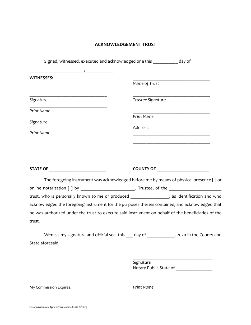 Miami-Dade County, Florida Acknowledgement of Trustee - Fill Out, Sign ...