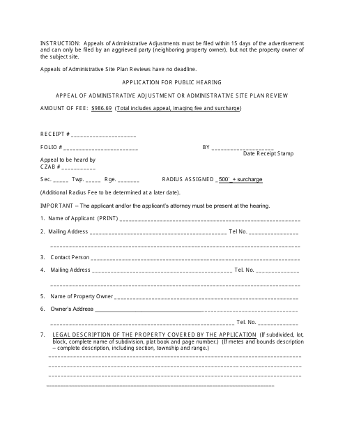 Application for Public Hearing - Appeal of Administrative Adjustment or Administrative Site Plan Review - Miami-Dade County, Florida Download Pdf