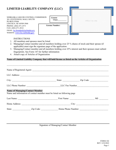 Form 102 Application for Liquor License - Limited Liability Company (LLC) - Nebraska