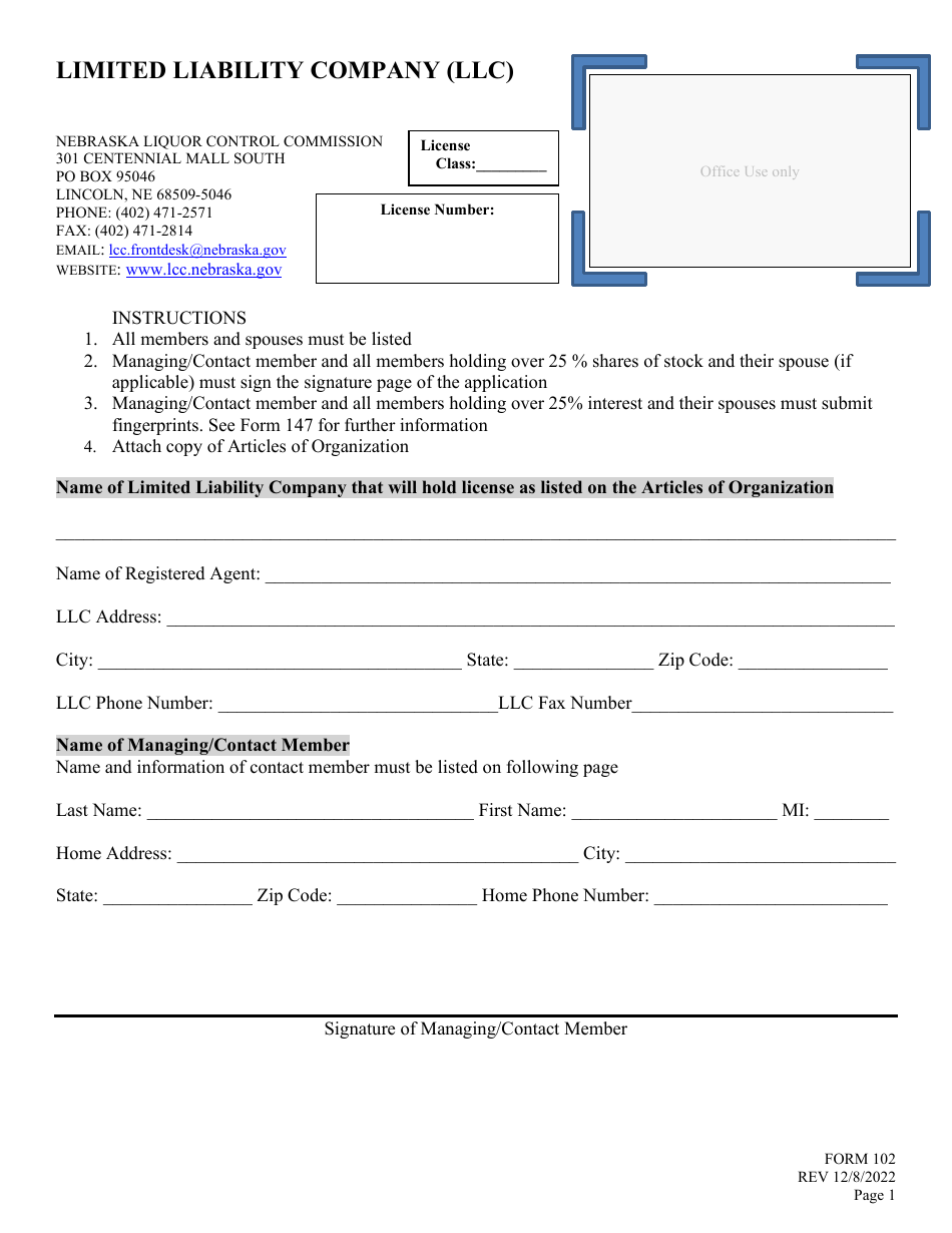 Form 102 Application for Liquor License - Limited Liability Company (LLC) - Nebraska, Page 1