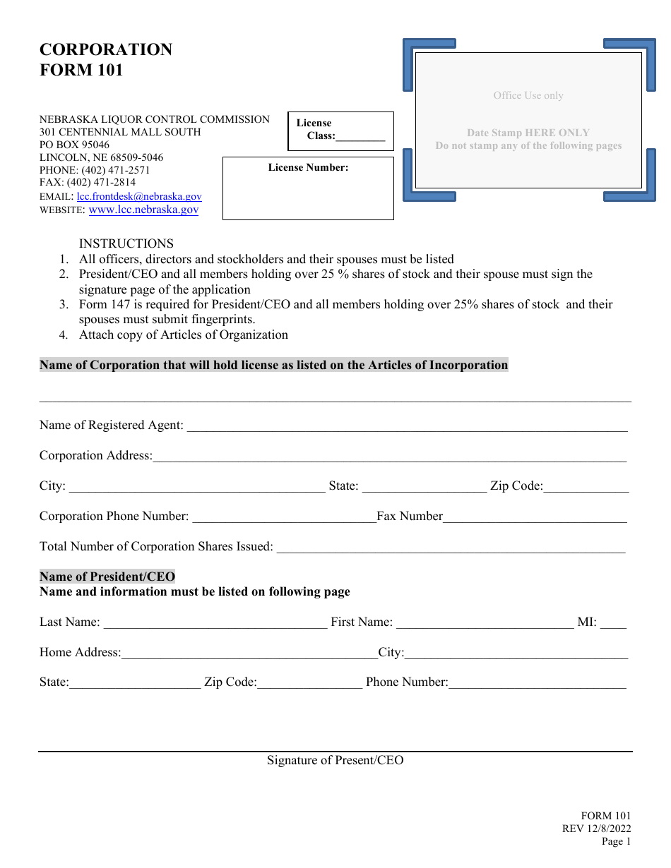 Form 101 Application for Liquor License - Corporation - Nebraska, Page 1