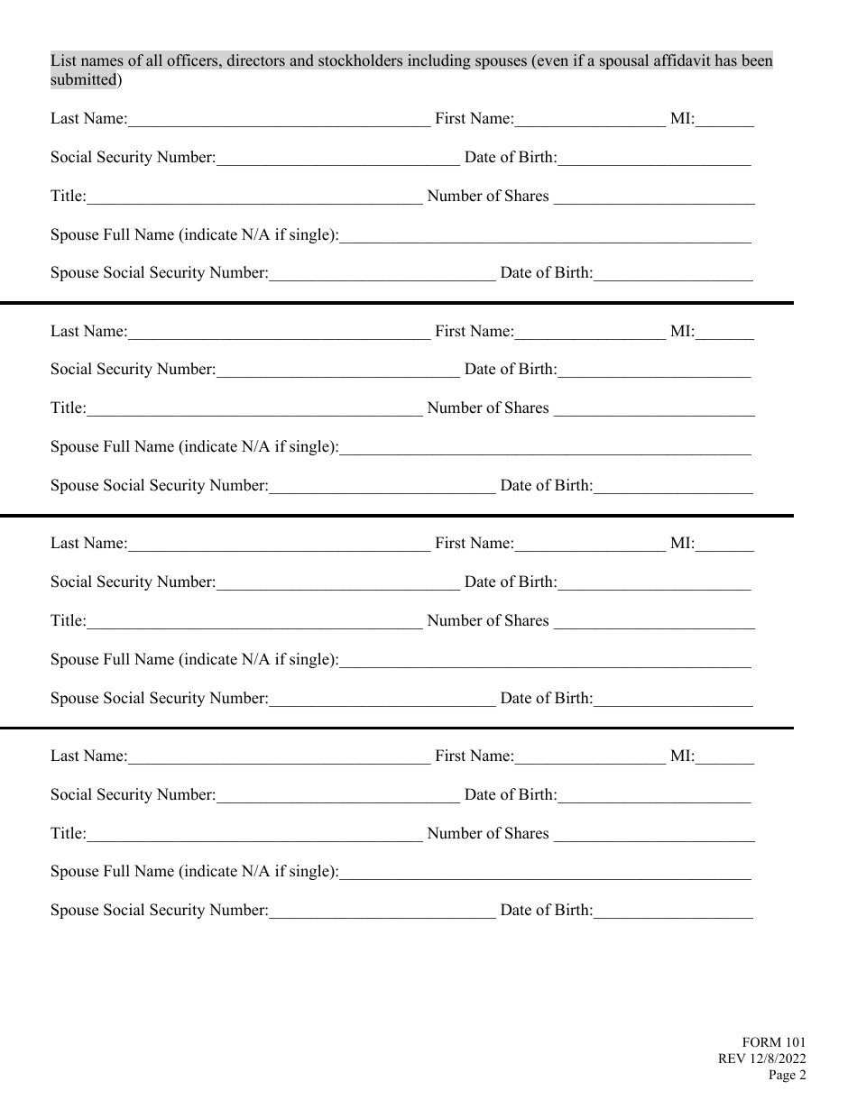 Form 101 Application for Liquor License - Corporation - Nebraska, Page 2
